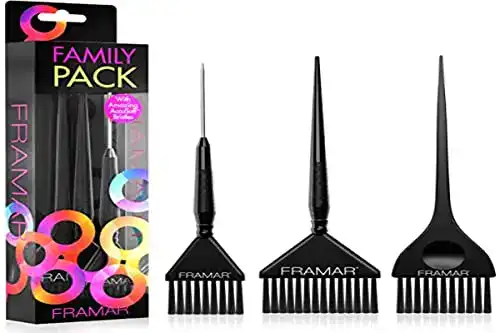 Set of three Framar hair coloring brushes and comb for professional use.